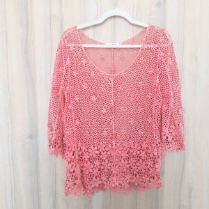 Le Dor Womens Crochet Top Sz L Coral Pink Floral Open Knit Boho Cottage Festival